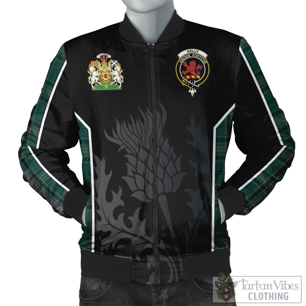 Tartan Vibes Clothing Kelly of Sleat Hunting Tartan Bomber Jacket with Family Crest and Scottish Thistle Vibes Sport Style