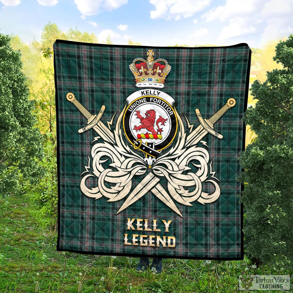 Tartan Vibes Clothing Kelly of Sleat Hunting Tartan Quilt with Clan Crest and the Golden Sword of Courageous Legacy