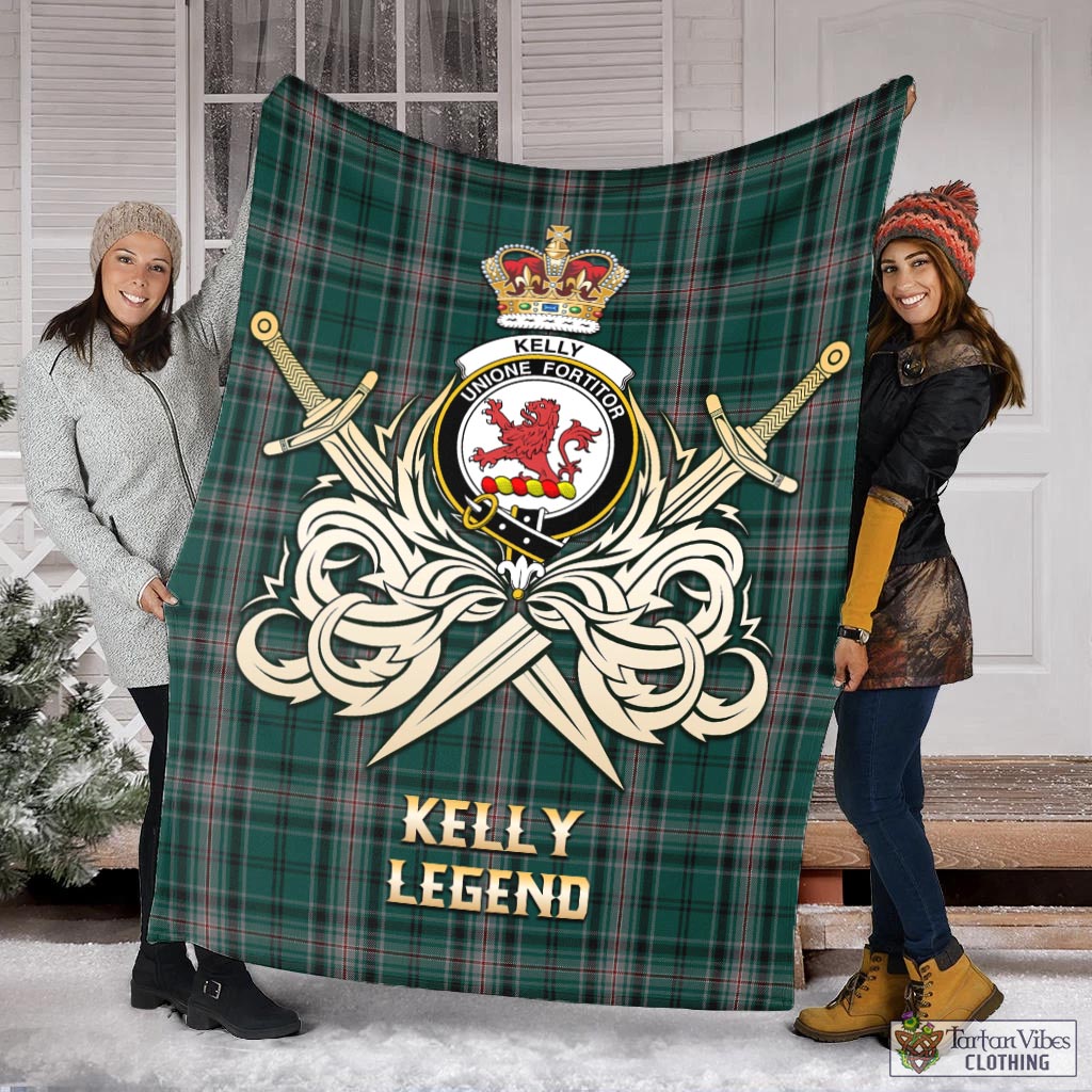 Tartan Vibes Clothing Kelly of Sleat Hunting Tartan Blanket with Clan Crest and the Golden Sword of Courageous Legacy