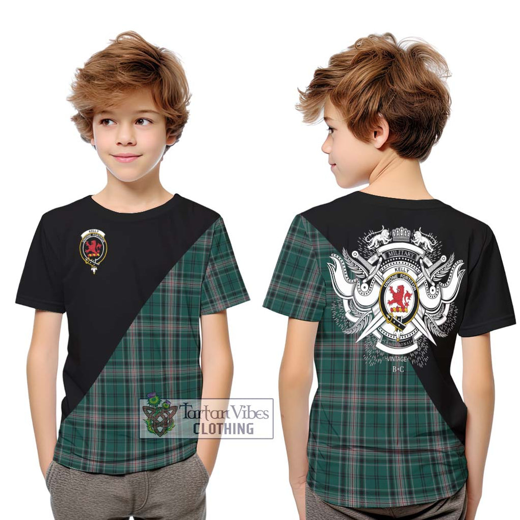 Kelly of Sleat Hunting Tartan Kid T-Shirt with Family Crest and Military Logo Style Youth XL Size14 - Tartanvibesclothing Shop