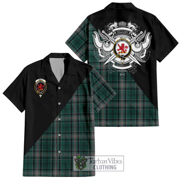 Kelly of Sleat Hunting Tartan Short Sleeve Button Shirt with Family Crest and Military Logo Style