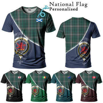 Kelly of Sleat Hunting Tartan T-Shirt with Personalised National Flag and Family Crest Half Style