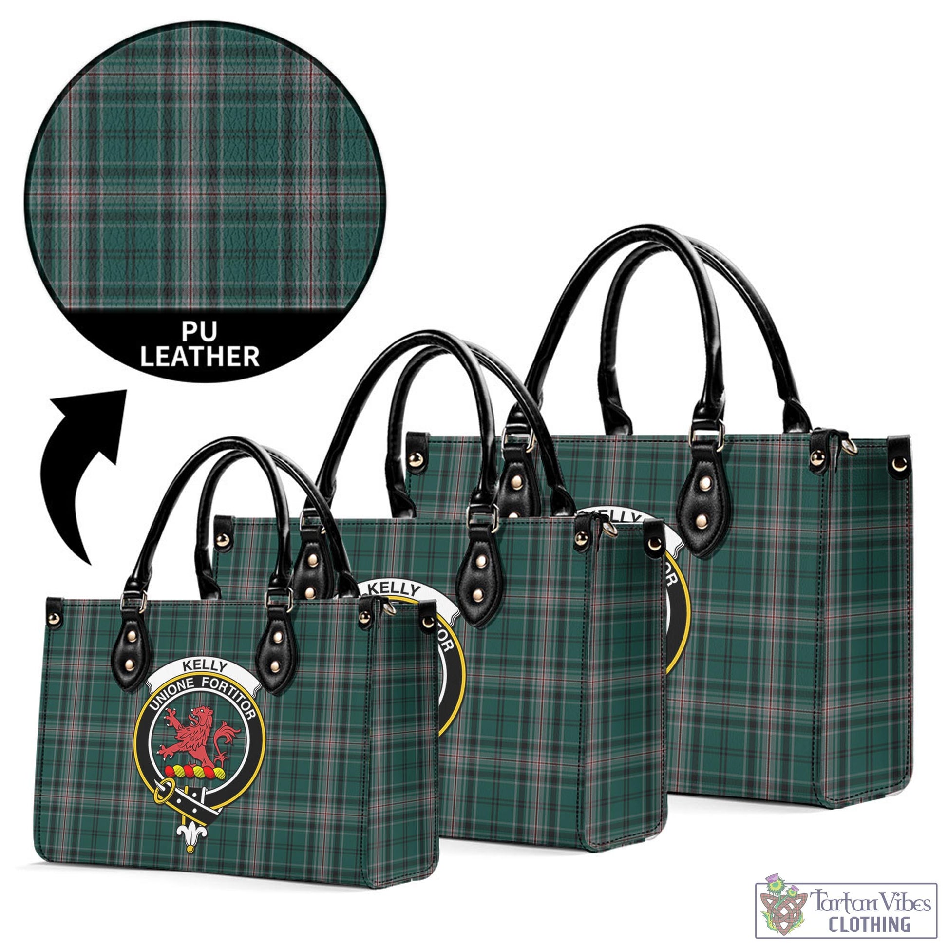 Tartan Vibes Clothing Kelly of Sleat Hunting Tartan Luxury Leather Handbags with Family Crest