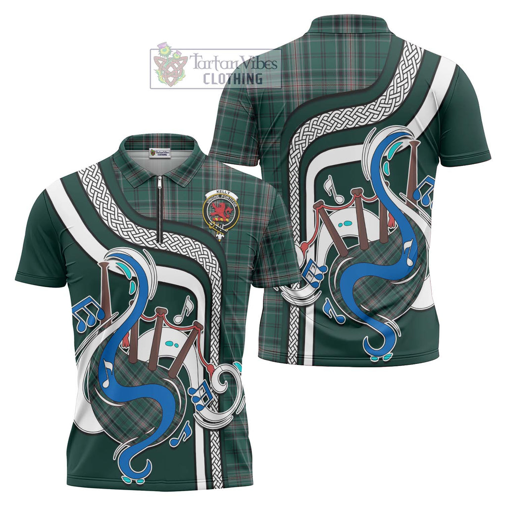 Kelly of Sleat Hunting Tartan Zipper Polo Shirt with Epic Bagpipe Style Unisex - Tartanvibesclothing Shop