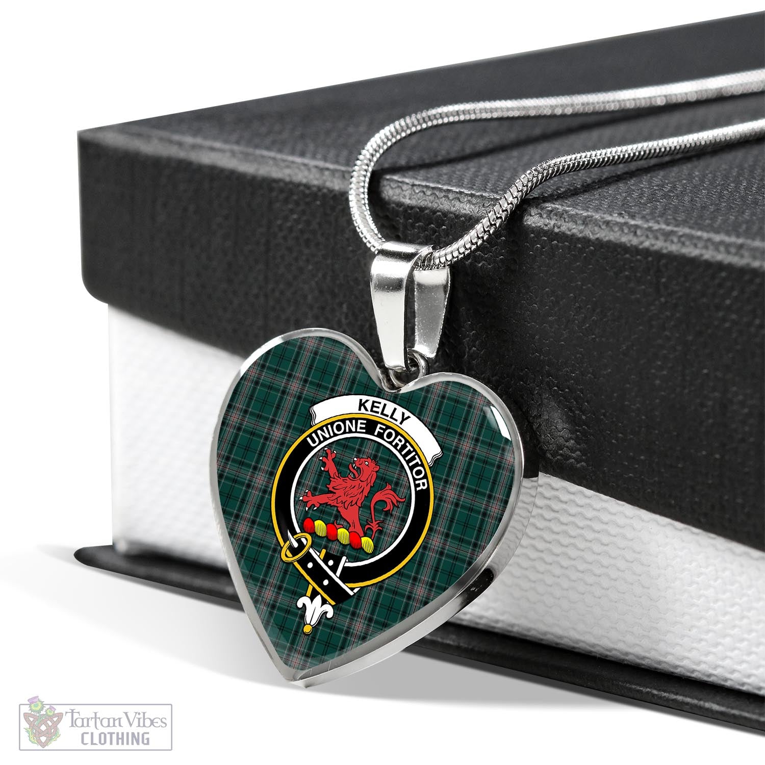 Tartan Vibes Clothing Kelly of Sleat Hunting Tartan Heart Necklace with Family Crest