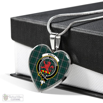 Kelly of Sleat Hunting Tartan Heart Necklace with Family Crest