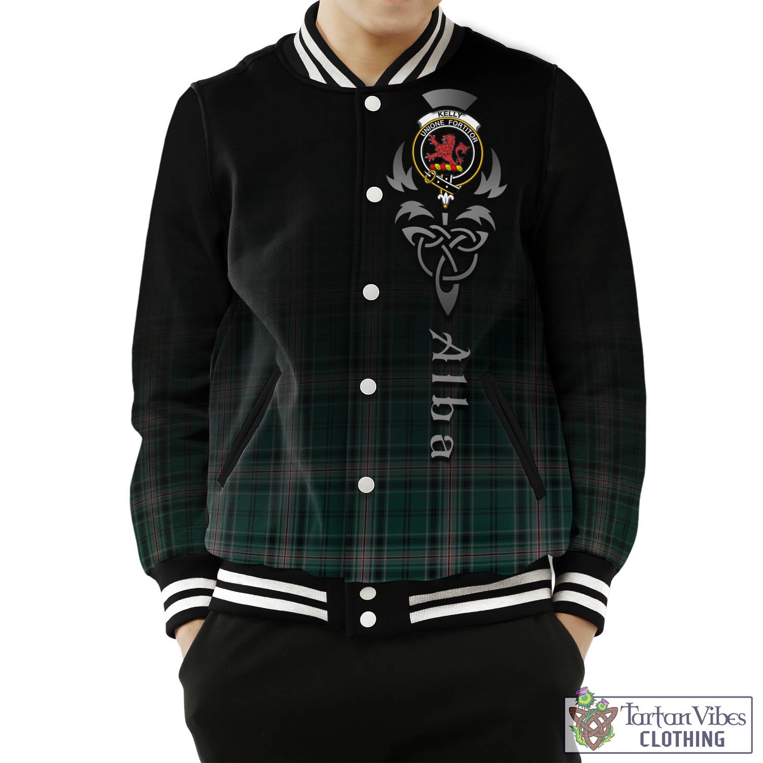 Tartan Vibes Clothing Kelly of Sleat Hunting Tartan Baseball Jacket Featuring Alba Gu Brath Family Crest Celtic Inspired