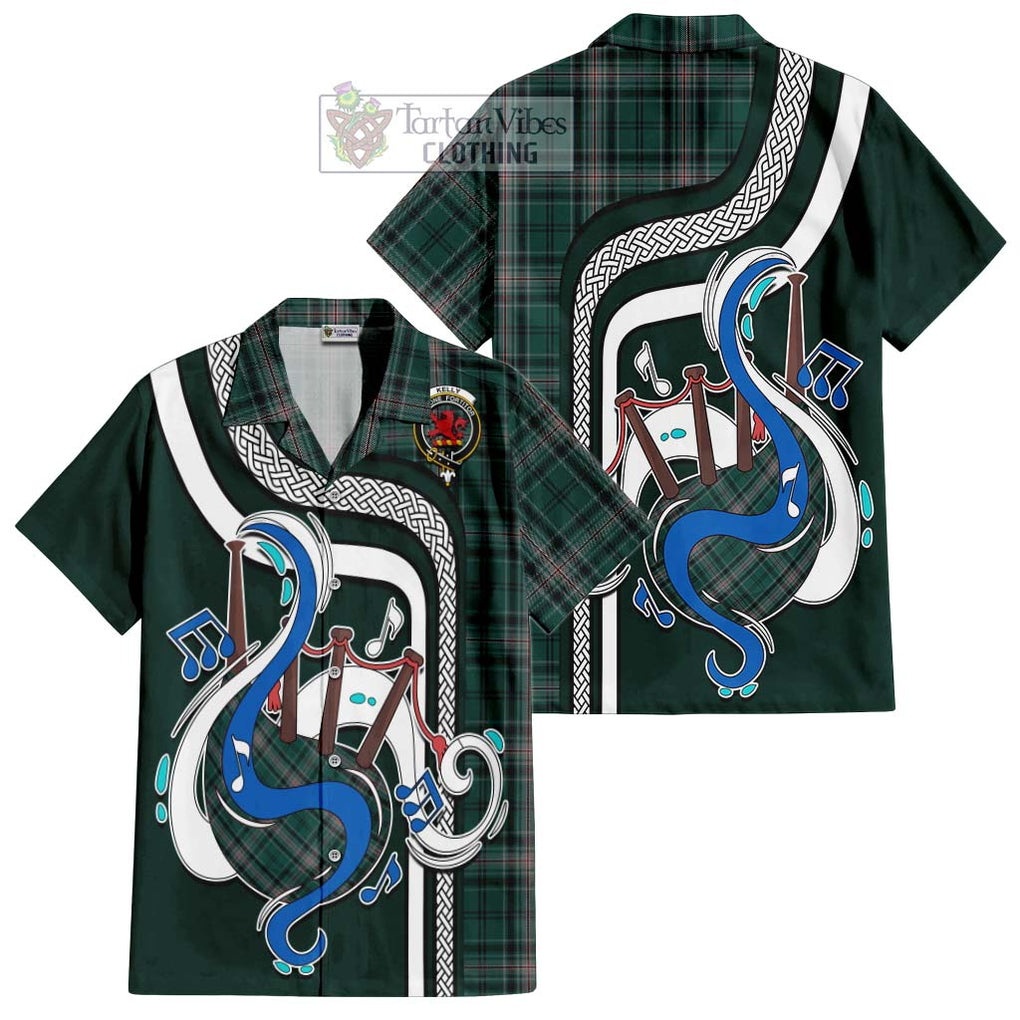 Kelly of Sleat Hunting Tartan Short Sleeve Button Shirt with Epic Bagpipe Style Kid - Tartanvibesclothing Shop