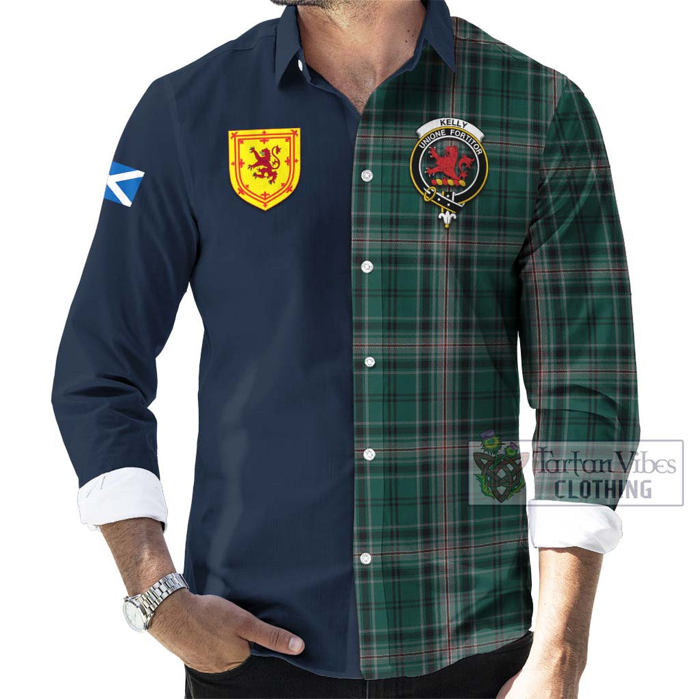 Tartan Vibes Clothing Kelly of Sleat Hunting Tartan Long Sleeve Button Shirt with Scottish Lion Royal Arm Half Style