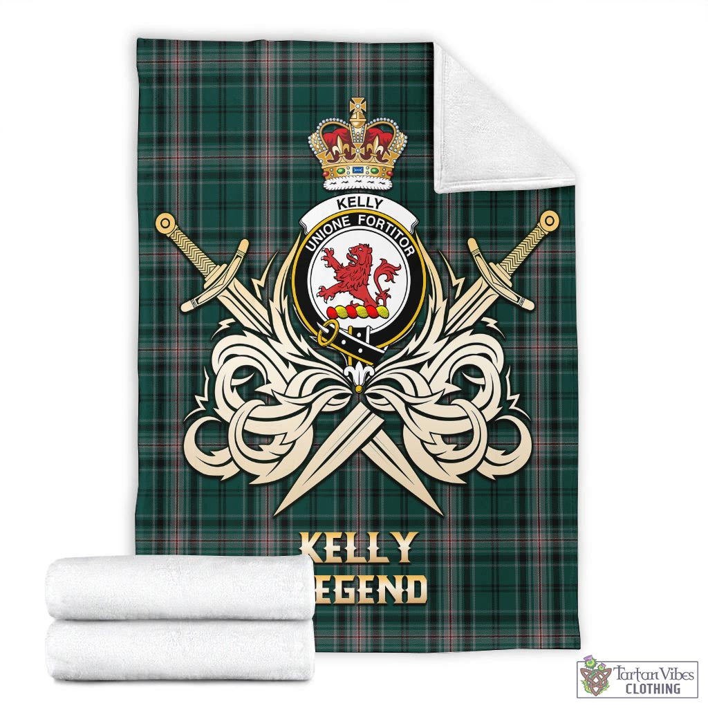 Tartan Vibes Clothing Kelly of Sleat Hunting Tartan Blanket with Clan Crest and the Golden Sword of Courageous Legacy