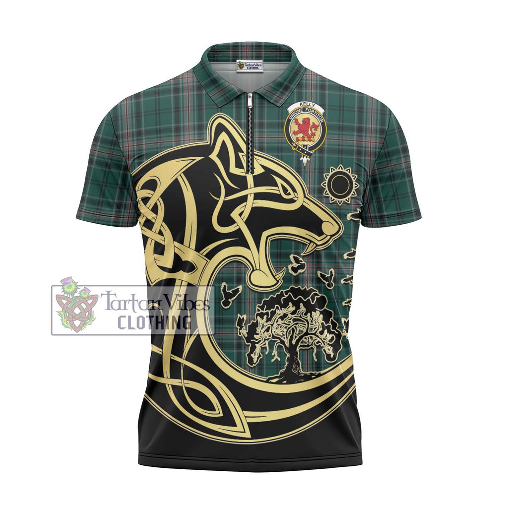 Kelly of Sleat Hunting Tartan Zipper Polo Shirt with Family Crest Celtic Wolf Style - Tartanvibesclothing Shop