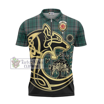 Kelly of Sleat Hunting Tartan Zipper Polo Shirt with Family Crest Celtic Wolf Style