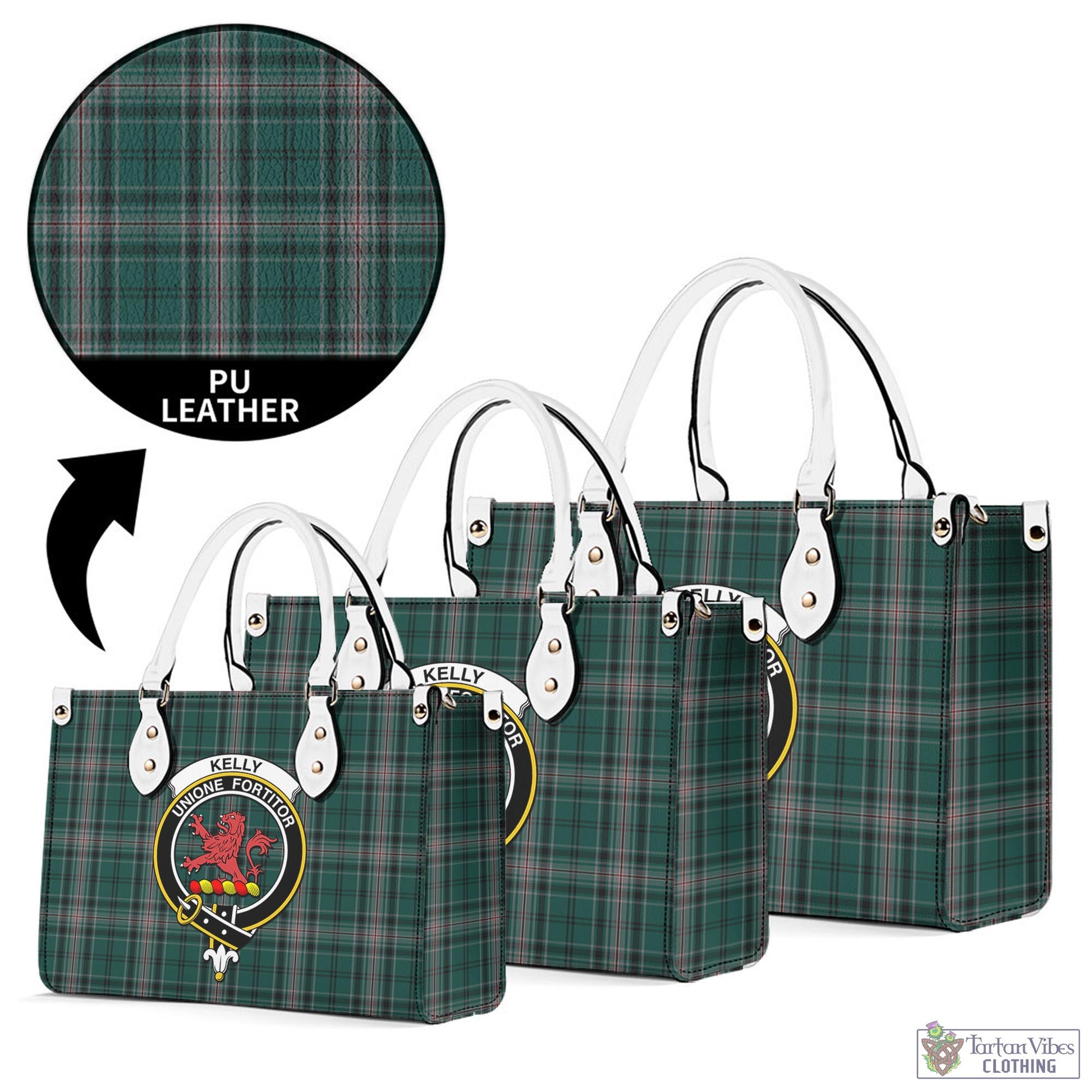 Tartan Vibes Clothing Kelly of Sleat Hunting Tartan Luxury Leather Handbags with Family Crest