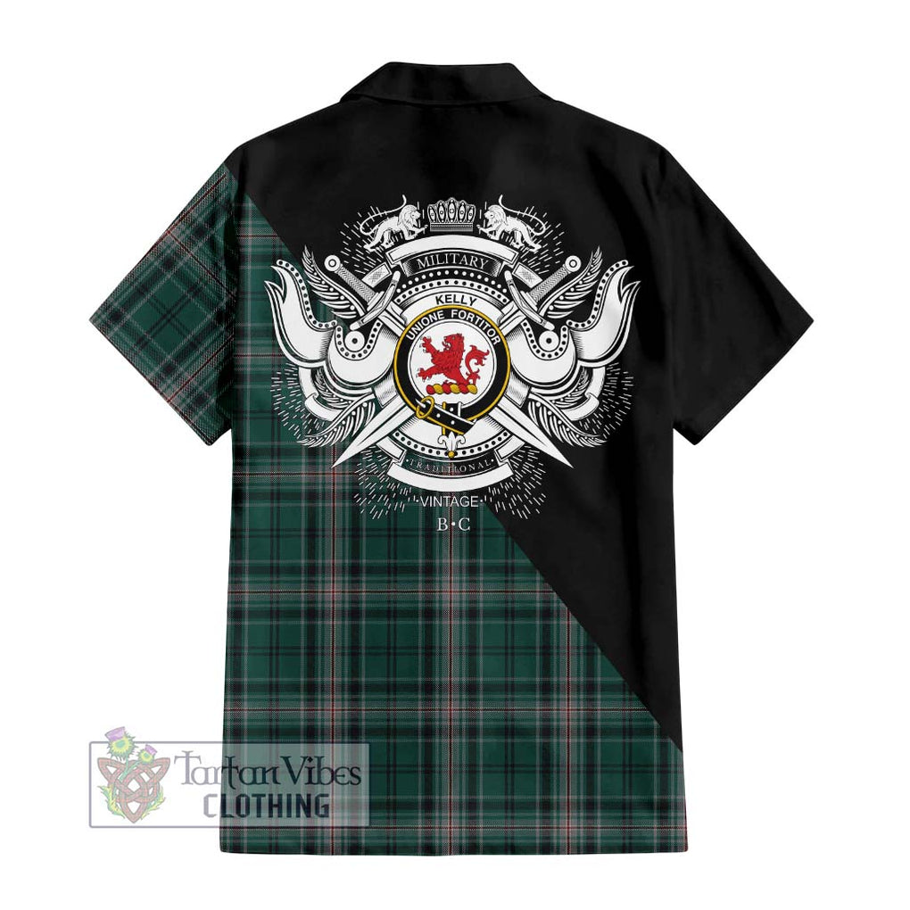 Kelly of Sleat Hunting Tartan Short Sleeve Button Shirt with Family Crest and Military Logo Style - Tartanvibesclothing Shop