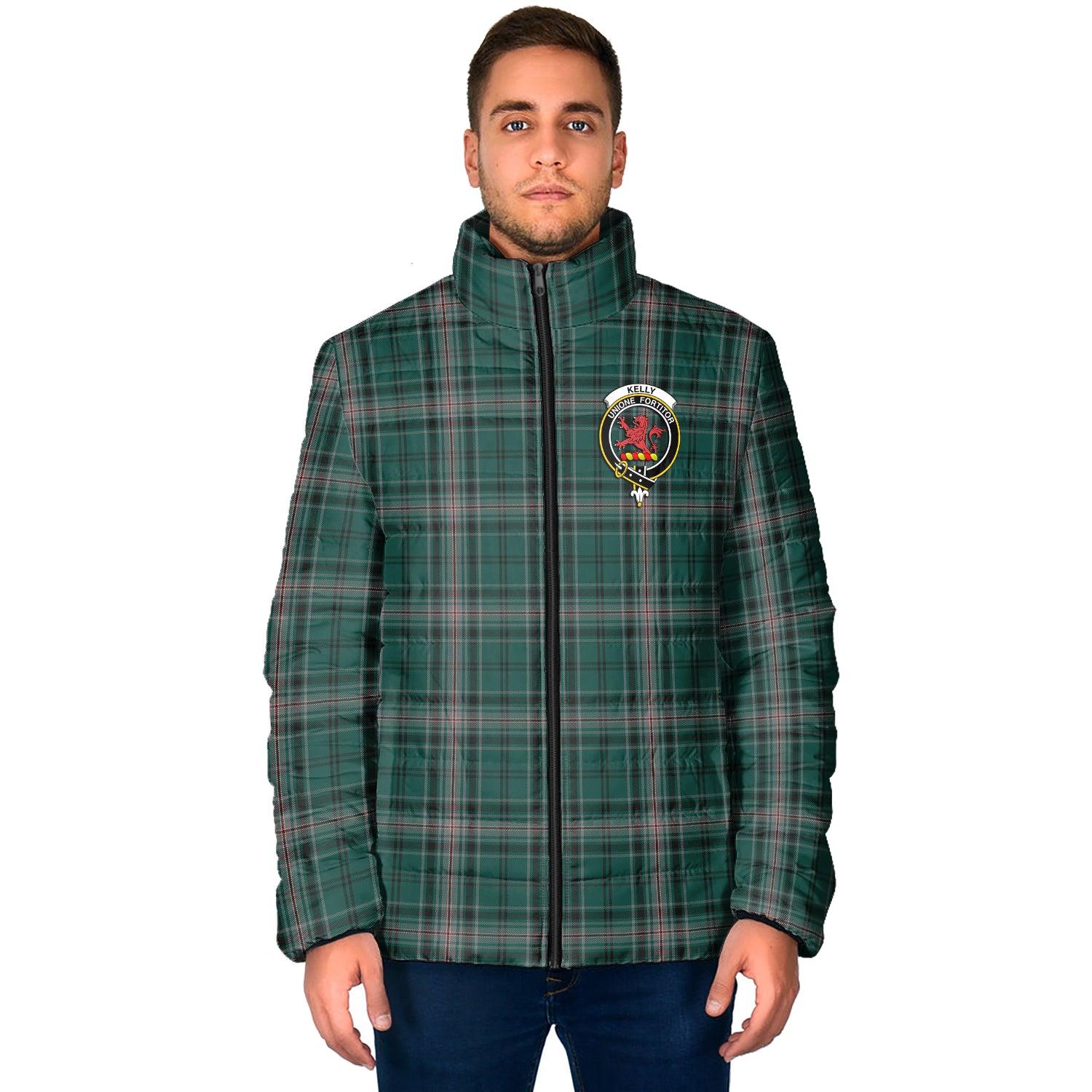 Kelly of Sleat Hunting Tartan Padded Jacket with Family Crest - Tartanvibesclothing