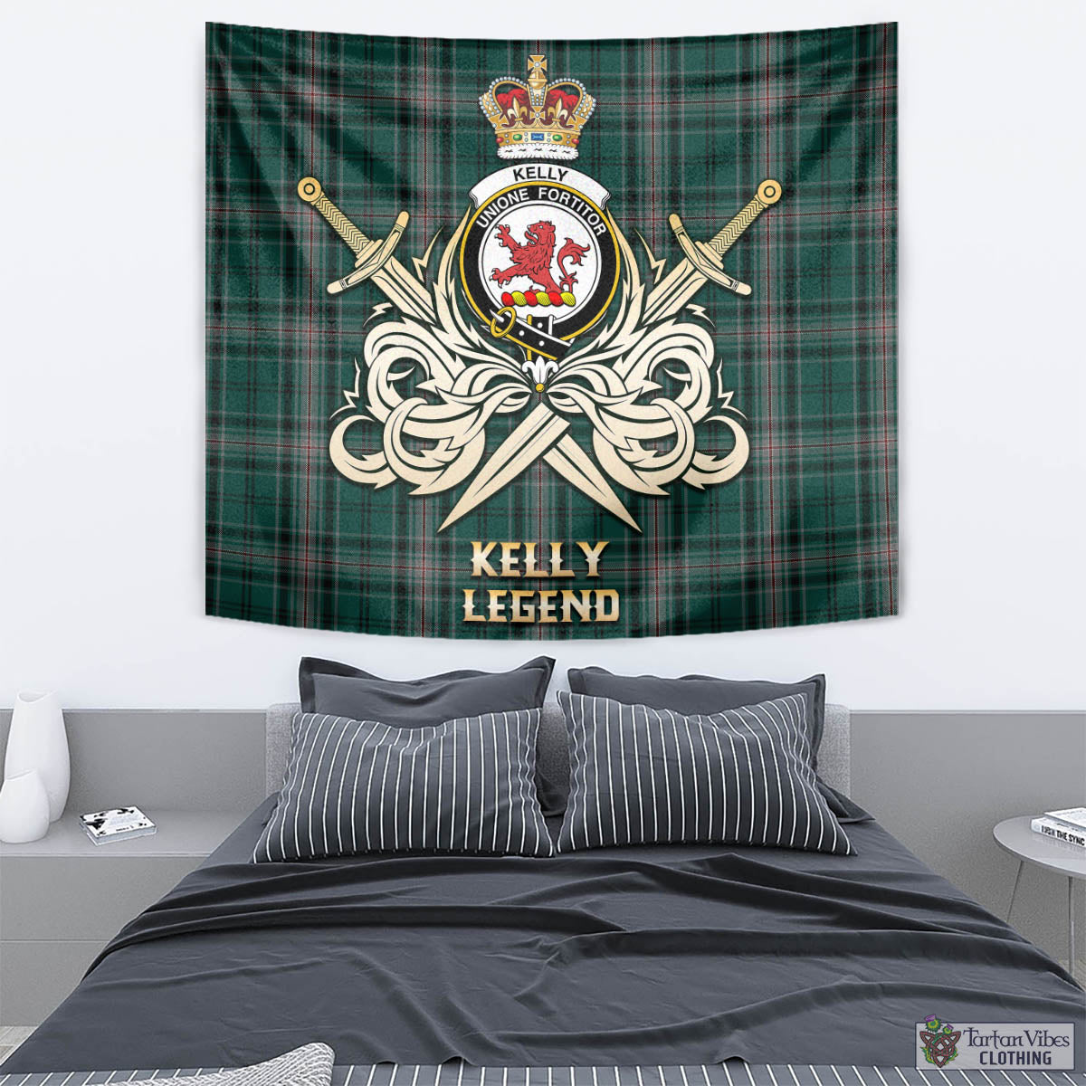 Tartan Vibes Clothing Kelly of Sleat Hunting Tartan Tapestry with Clan Crest and the Golden Sword of Courageous Legacy