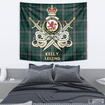 Kelly of Sleat Hunting Tartan Tapestry with Clan Crest and the Golden Sword of Courageous Legacy