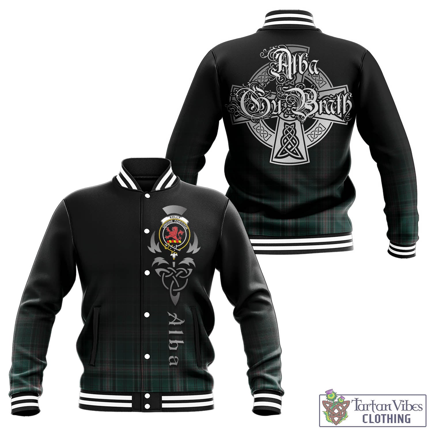 Tartan Vibes Clothing Kelly of Sleat Hunting Tartan Baseball Jacket Featuring Alba Gu Brath Family Crest Celtic Inspired