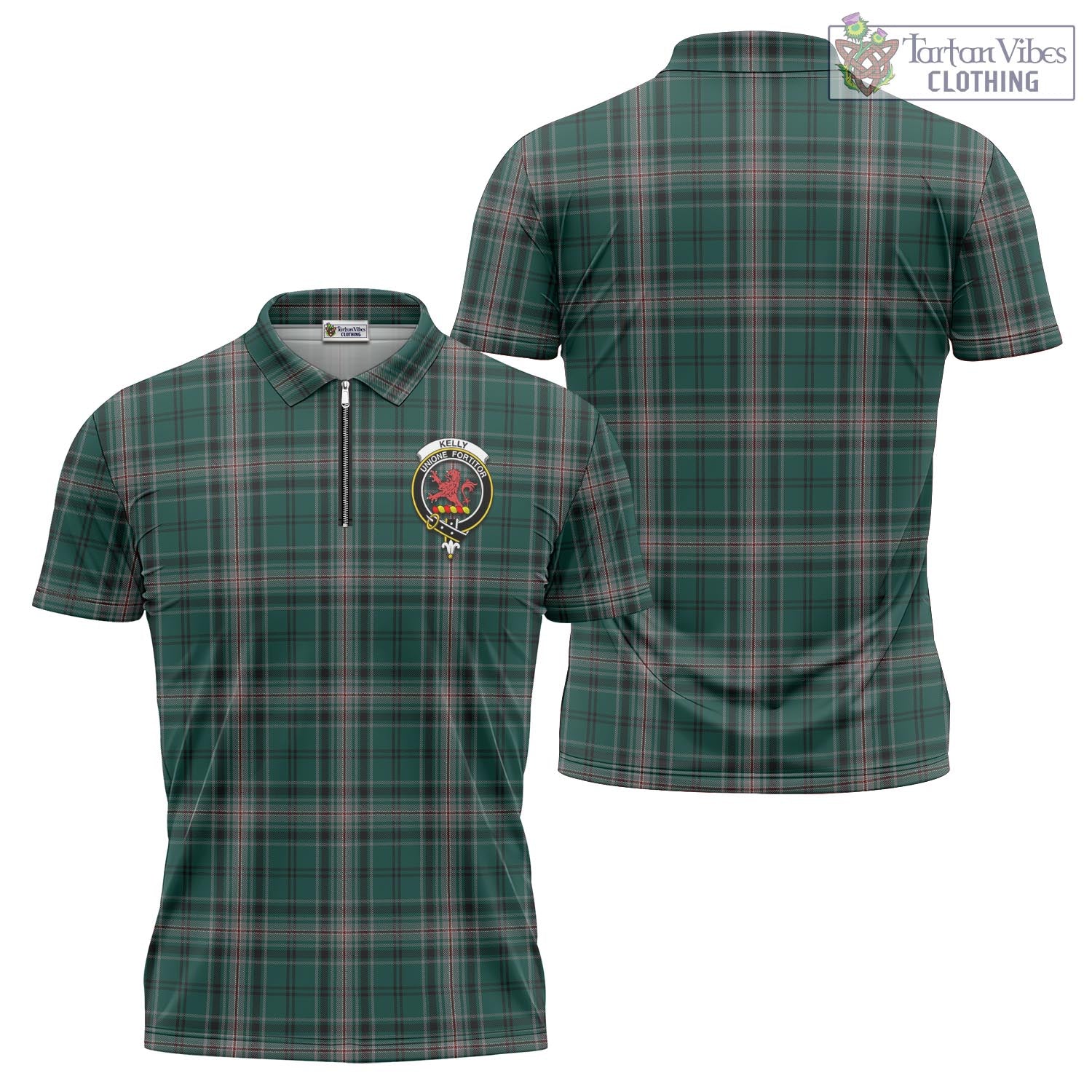 Tartan Vibes Clothing Kelly of Sleat Hunting Tartan Zipper Polo Shirt with Family Crest