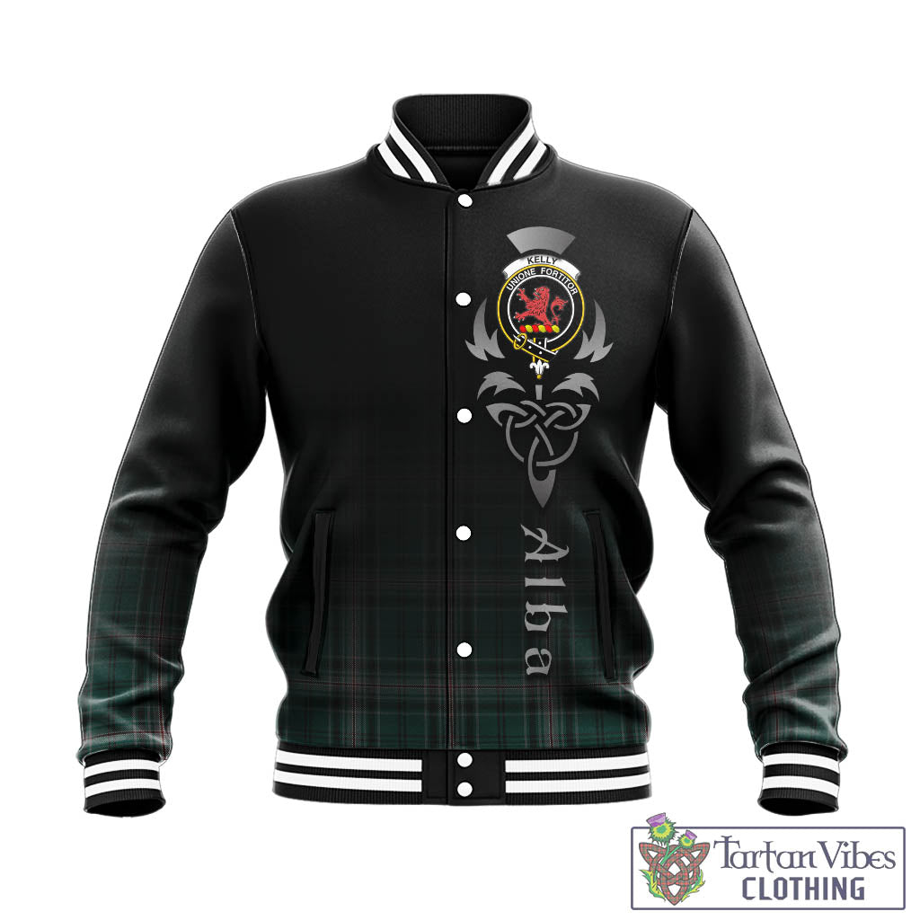 Tartan Vibes Clothing Kelly of Sleat Hunting Tartan Baseball Jacket Featuring Alba Gu Brath Family Crest Celtic Inspired