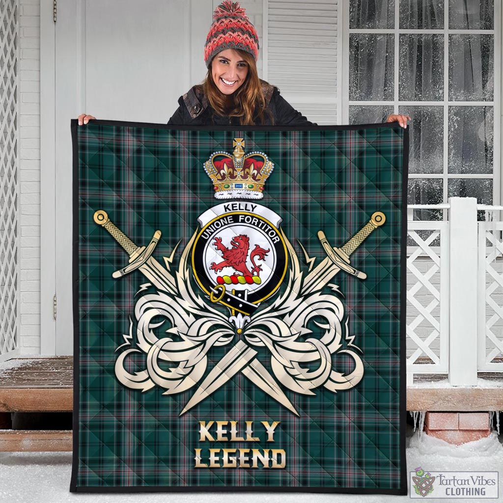 Tartan Vibes Clothing Kelly of Sleat Hunting Tartan Quilt with Clan Crest and the Golden Sword of Courageous Legacy