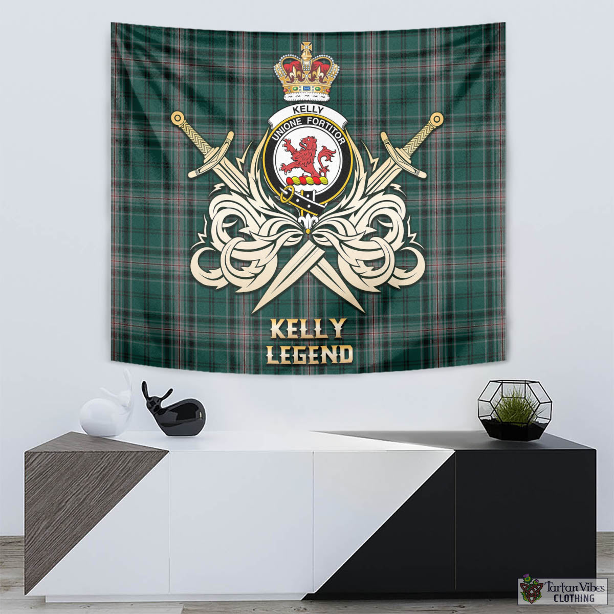 Tartan Vibes Clothing Kelly of Sleat Hunting Tartan Tapestry with Clan Crest and the Golden Sword of Courageous Legacy