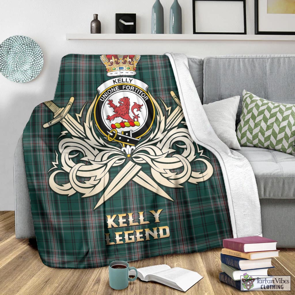 Tartan Vibes Clothing Kelly of Sleat Hunting Tartan Blanket with Clan Crest and the Golden Sword of Courageous Legacy