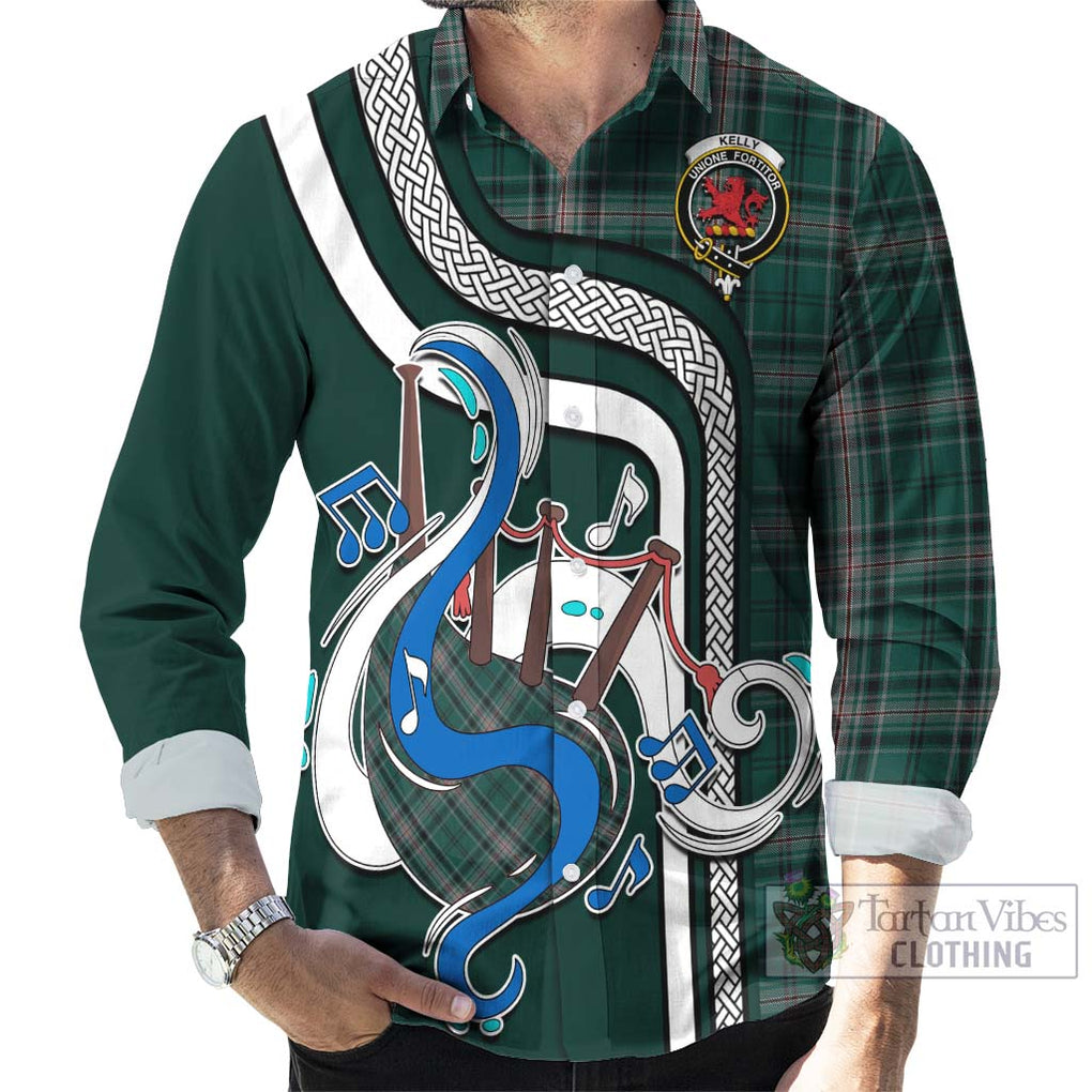 Kelly of Sleat Hunting Tartan Long Sleeve Button Shirt with Epic Bagpipe Style - Tartanvibesclothing Shop