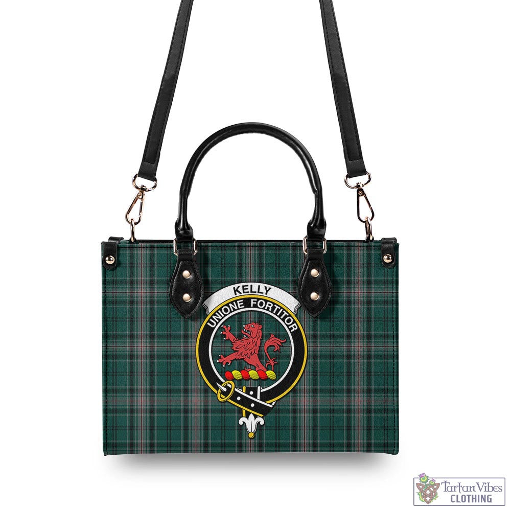 Tartan Vibes Clothing Kelly of Sleat Hunting Tartan Luxury Leather Handbags with Family Crest