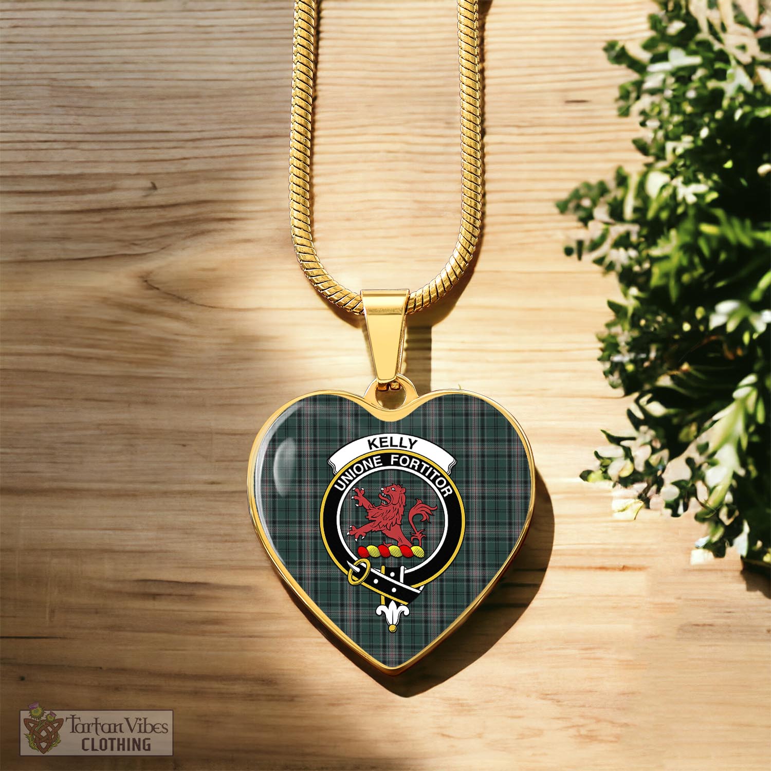 Tartan Vibes Clothing Kelly of Sleat Hunting Tartan Heart Necklace with Family Crest