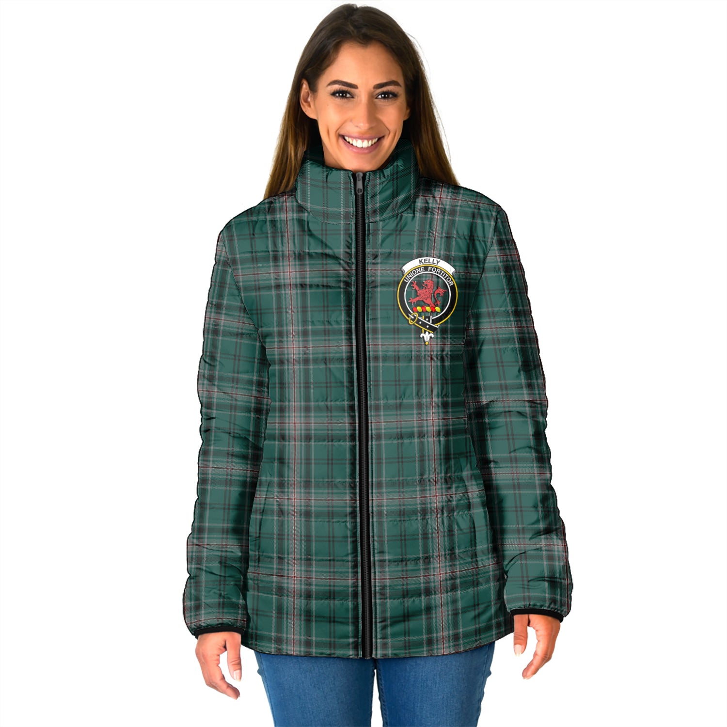 Kelly of Sleat Hunting Tartan Padded Jacket with Family Crest - Tartan Vibes Clothing