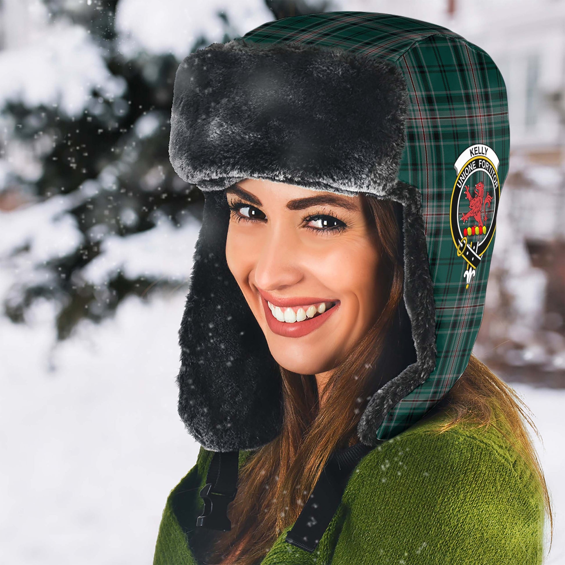 Kelly of Sleat Hunting Tartan Winter Trapper Hat with Family Crest - Tartanvibesclothing