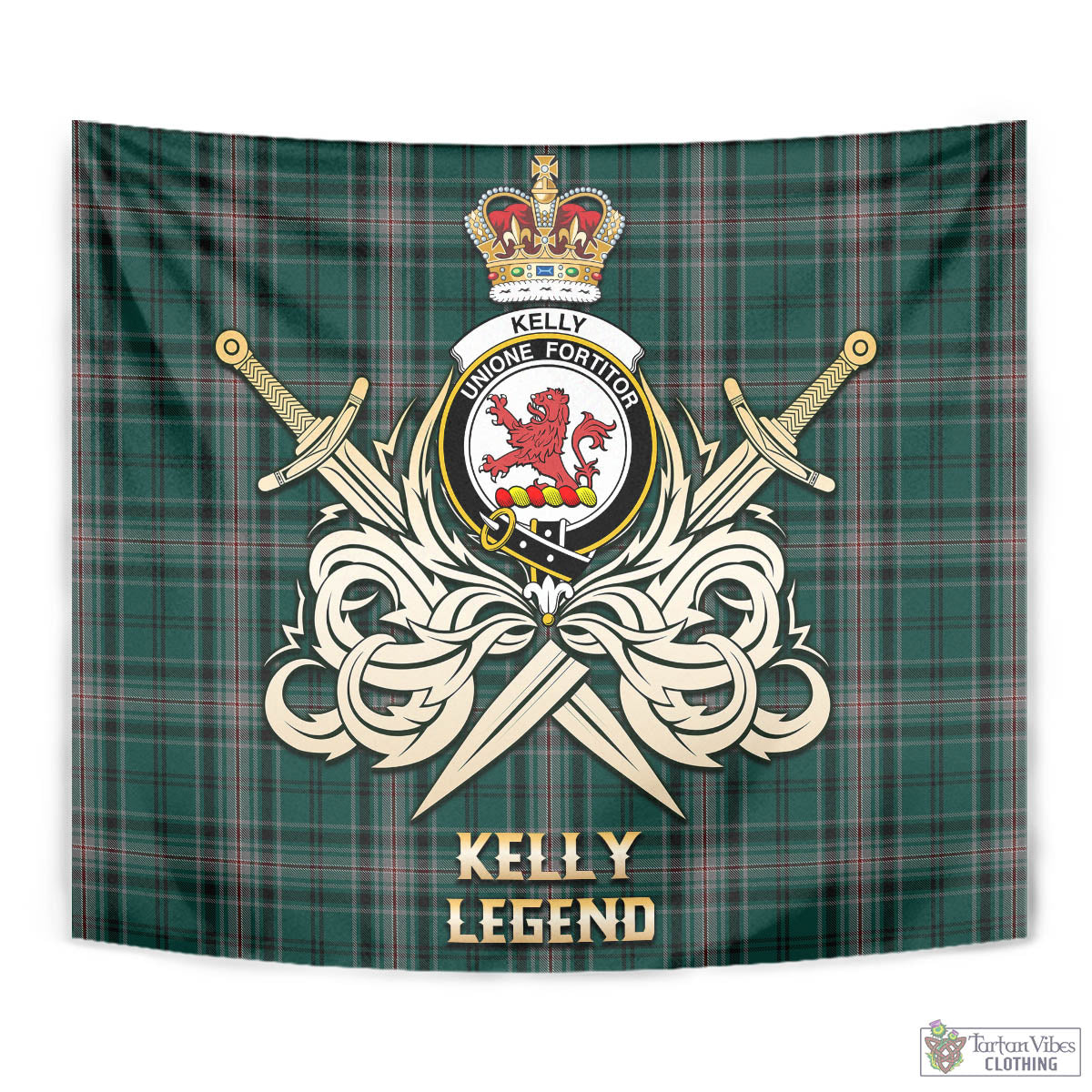 Tartan Vibes Clothing Kelly of Sleat Hunting Tartan Tapestry with Clan Crest and the Golden Sword of Courageous Legacy