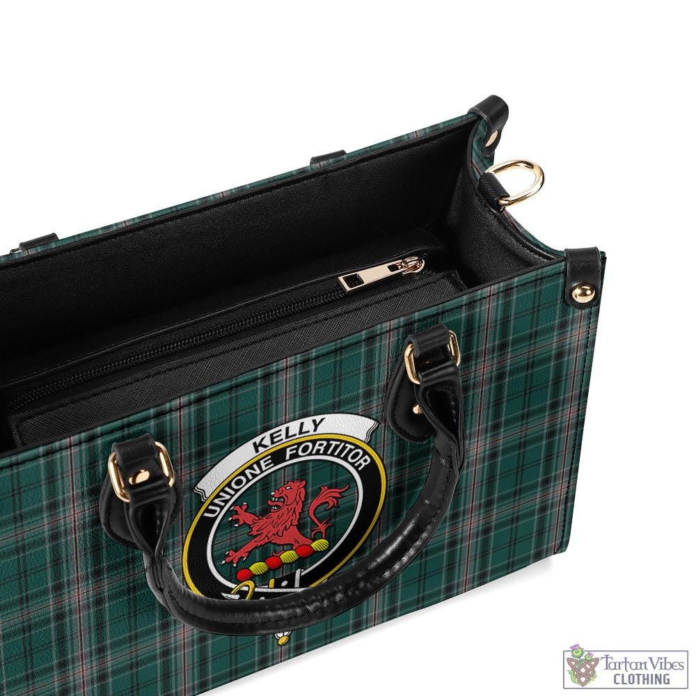 Tartan Vibes Clothing Kelly of Sleat Hunting Tartan Luxury Leather Handbags with Family Crest