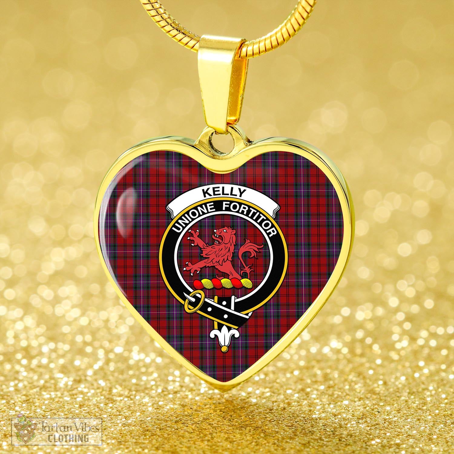 Tartan Vibes Clothing Kelly of Sleat Red Tartan Heart Necklace with Family Crest