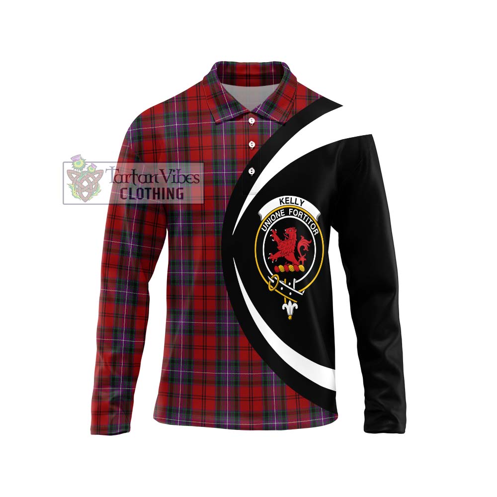 Kelly of Sleat Red Tartan Long Sleeve Polo Shirt with Family Crest Circle Style Unisex - Tartan Vibes Clothing