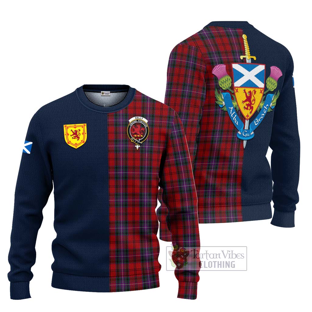 Tartan Vibes Clothing Kelly of Sleat Red Tartan Knitted Sweater with Scottish Lion Royal Arm Half Style