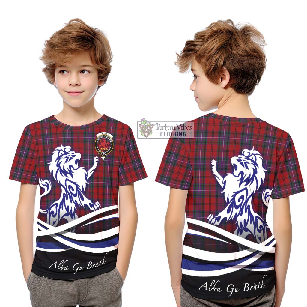 Tartan Vibes Clothing Kelly of Sleat Red Tartan Kid T-Shirt with Alba Gu Brath Regal Lion Emblem