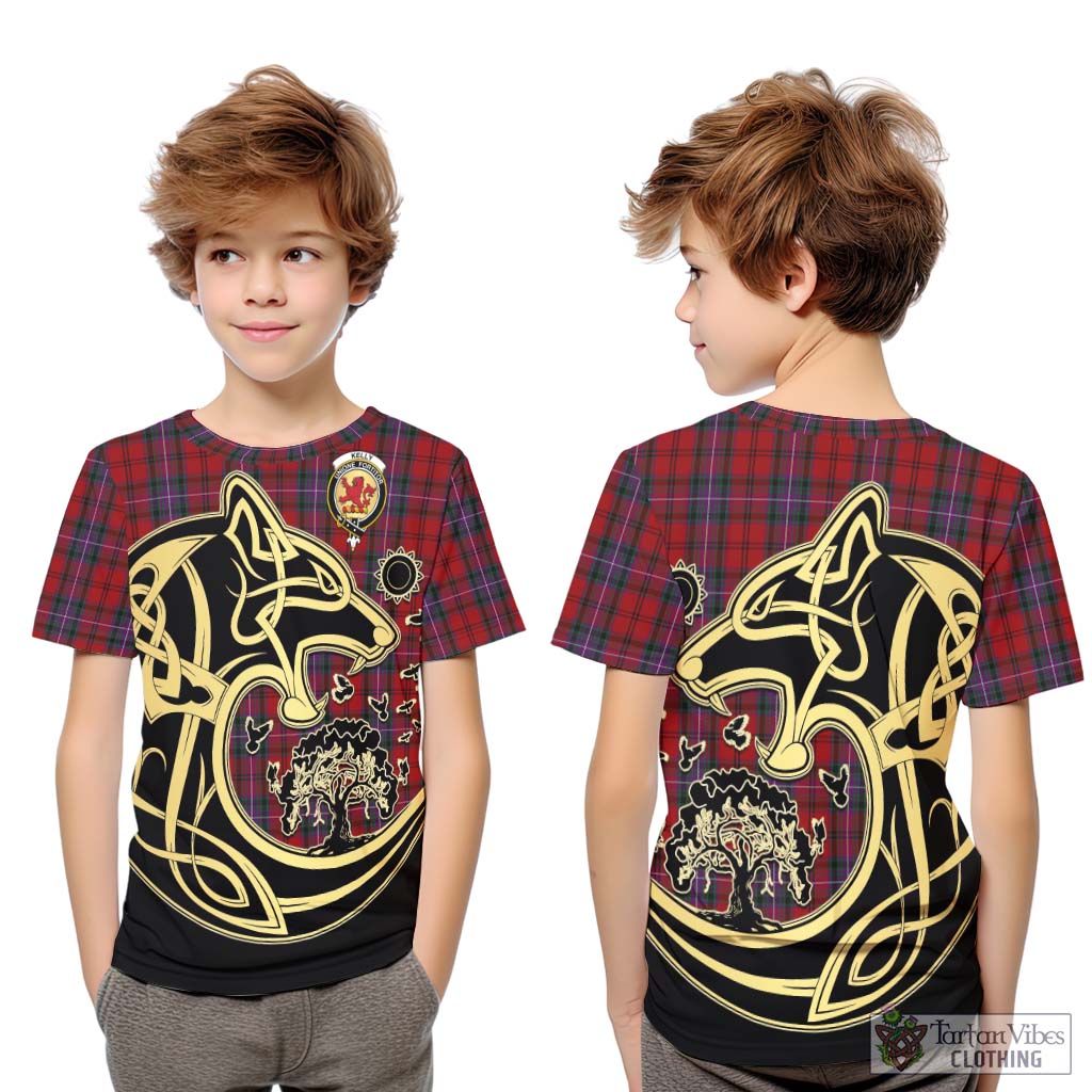 Tartan Vibes Clothing Kelly of Sleat Red Tartan Kid T-Shirt with Family Crest Celtic Wolf Style