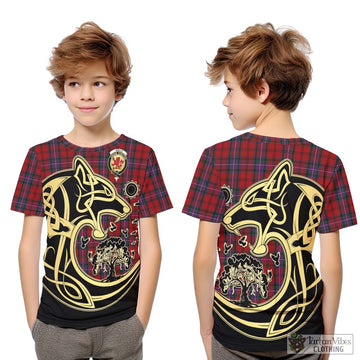 Kelly of Sleat Red Tartan Kid T-Shirt with Family Crest Celtic Wolf Style