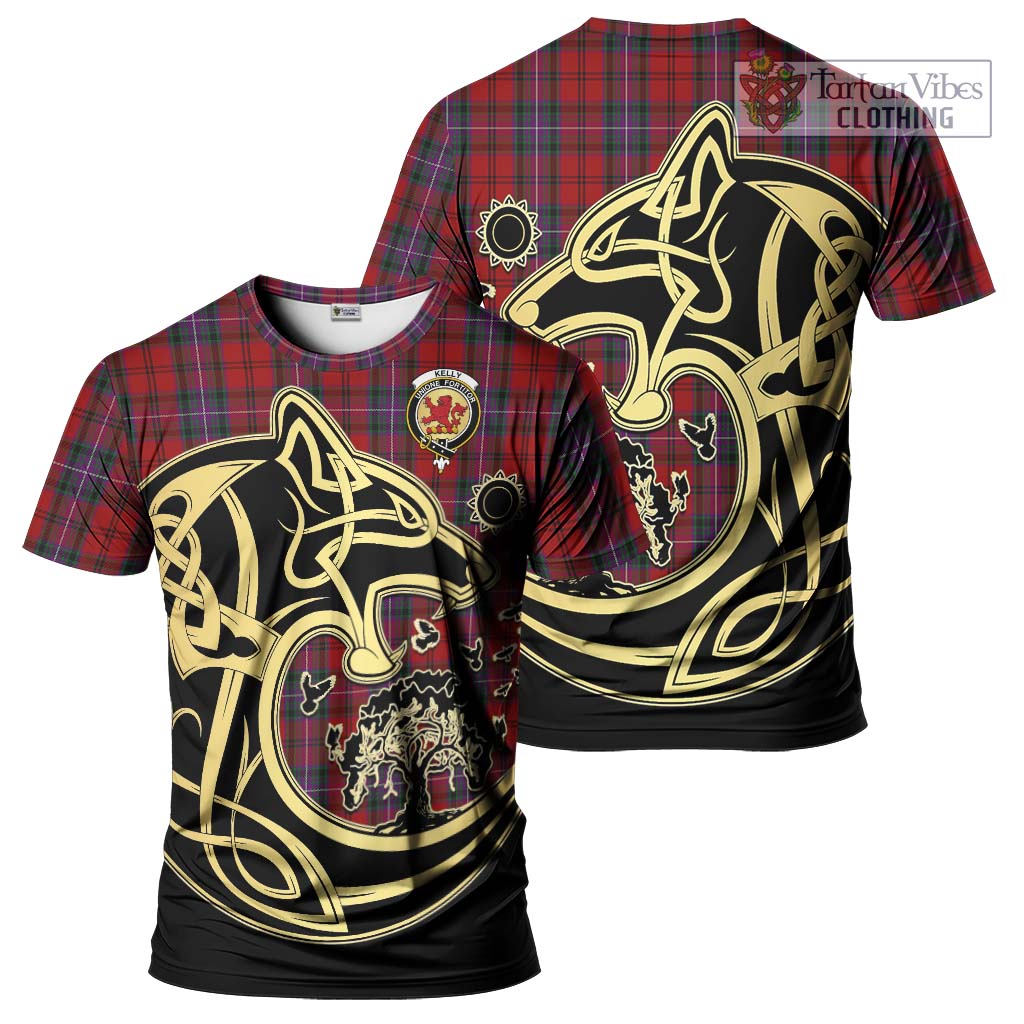 Tartan Vibes Clothing Kelly of Sleat Red Tartan T-Shirt with Family Crest Celtic Wolf Style
