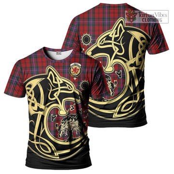 Kelly of Sleat Red Tartan T-Shirt with Family Crest Celtic Wolf Style