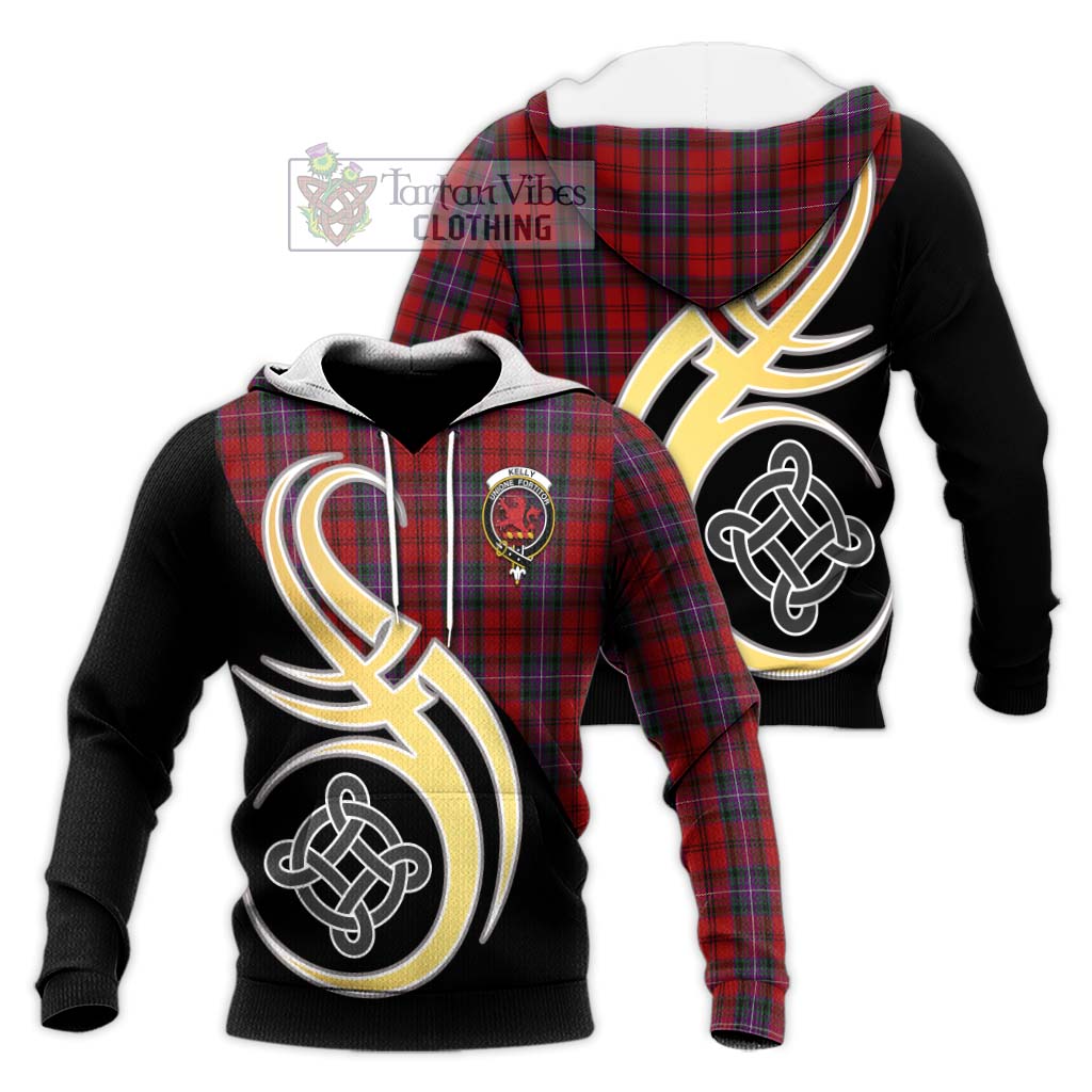 Tartan Vibes Clothing Kelly of Sleat Red Tartan Knitted Hoodie with Family Crest and Celtic Symbol Style
