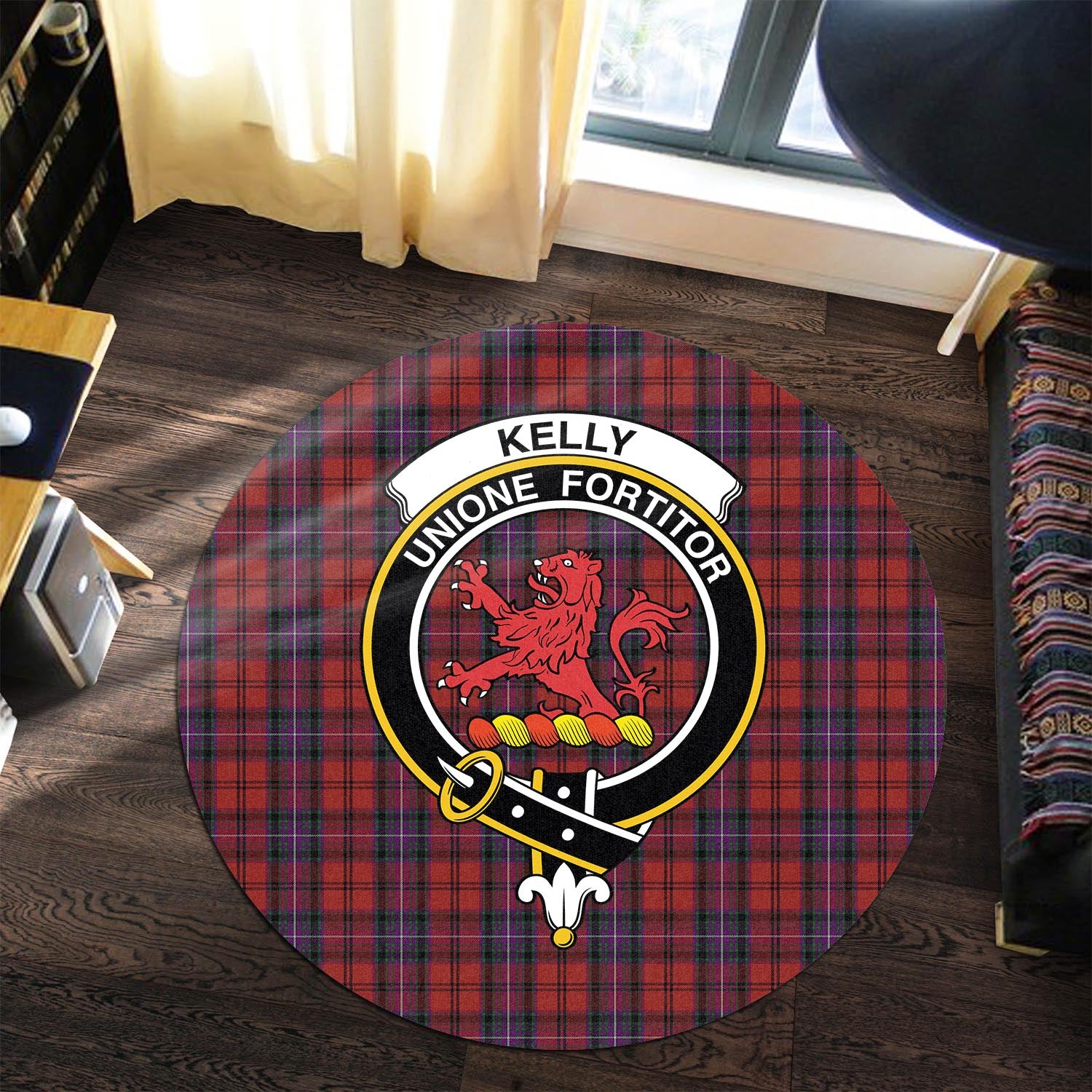 kelly-of-sleat-red-tartan-round-rug-with-family-crest