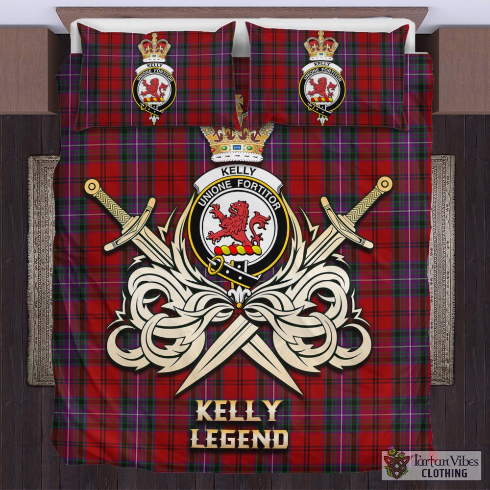 Tartan Vibes Clothing Kelly of Sleat Red Tartan Bedding Set with Clan Crest and the Golden Sword of Courageous Legacy