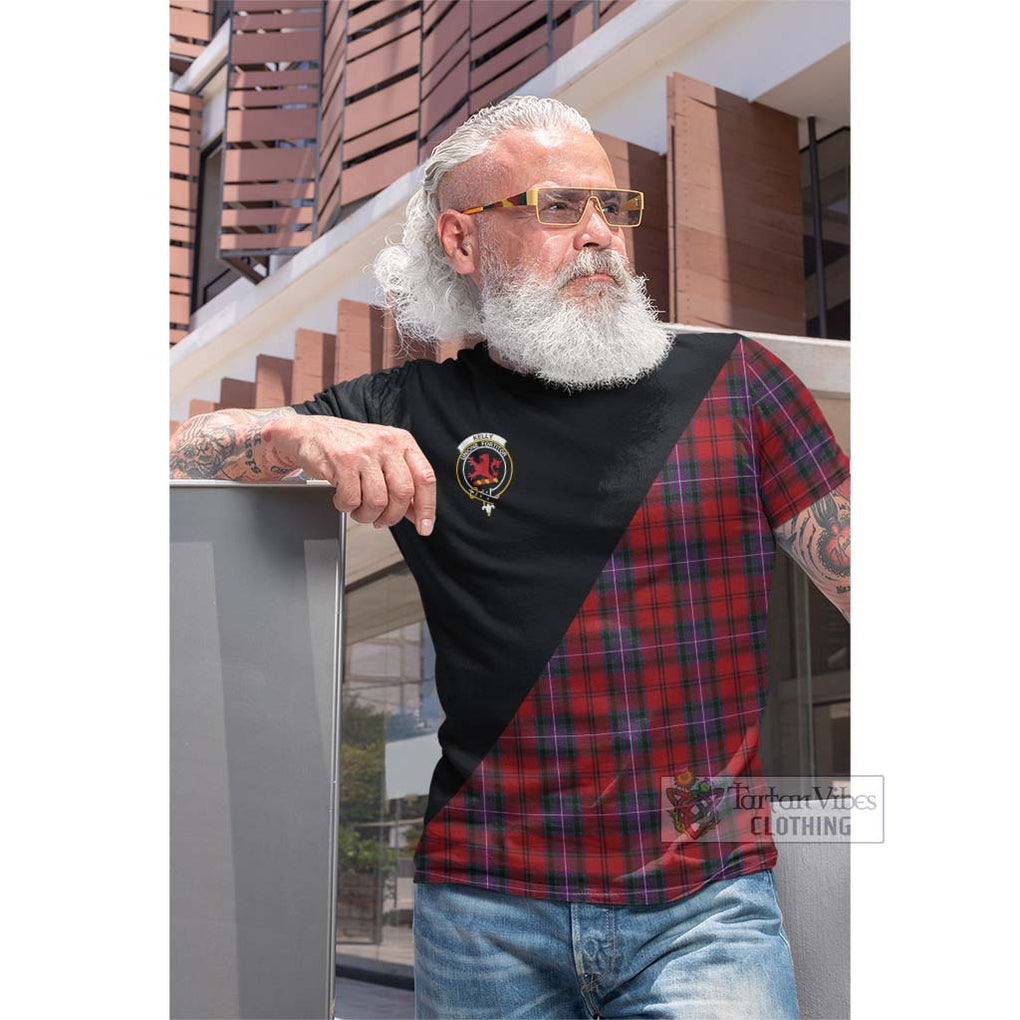 Tartan Vibes Clothing Kelly of Sleat Red Tartan Cotton T-shirt with Family Crest and Military Logo Style