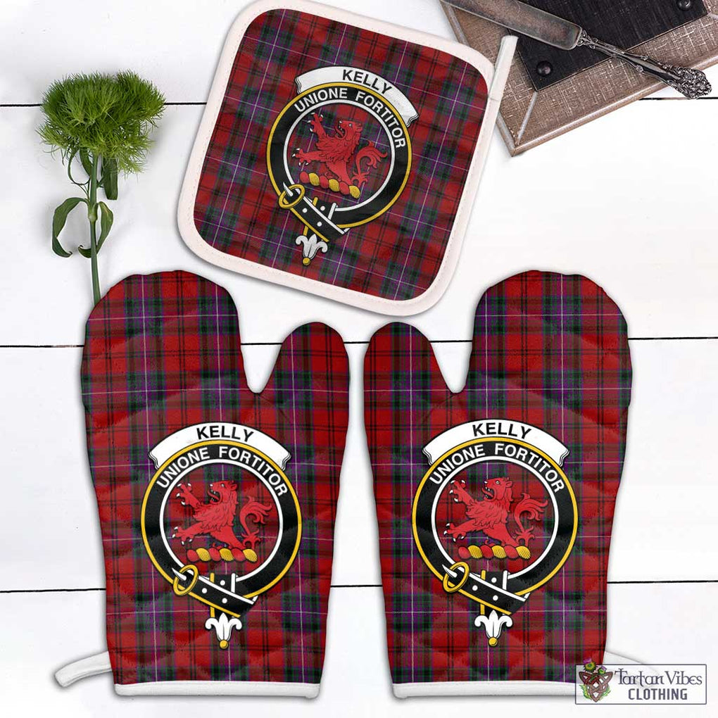 Kelly of Sleat Red Tartan Combo Oven Mitt & Pot-Holder with Family Crest Combo 1 Oven Mitt & 1 Pot-Holder White - Tartan Vibes Clothing