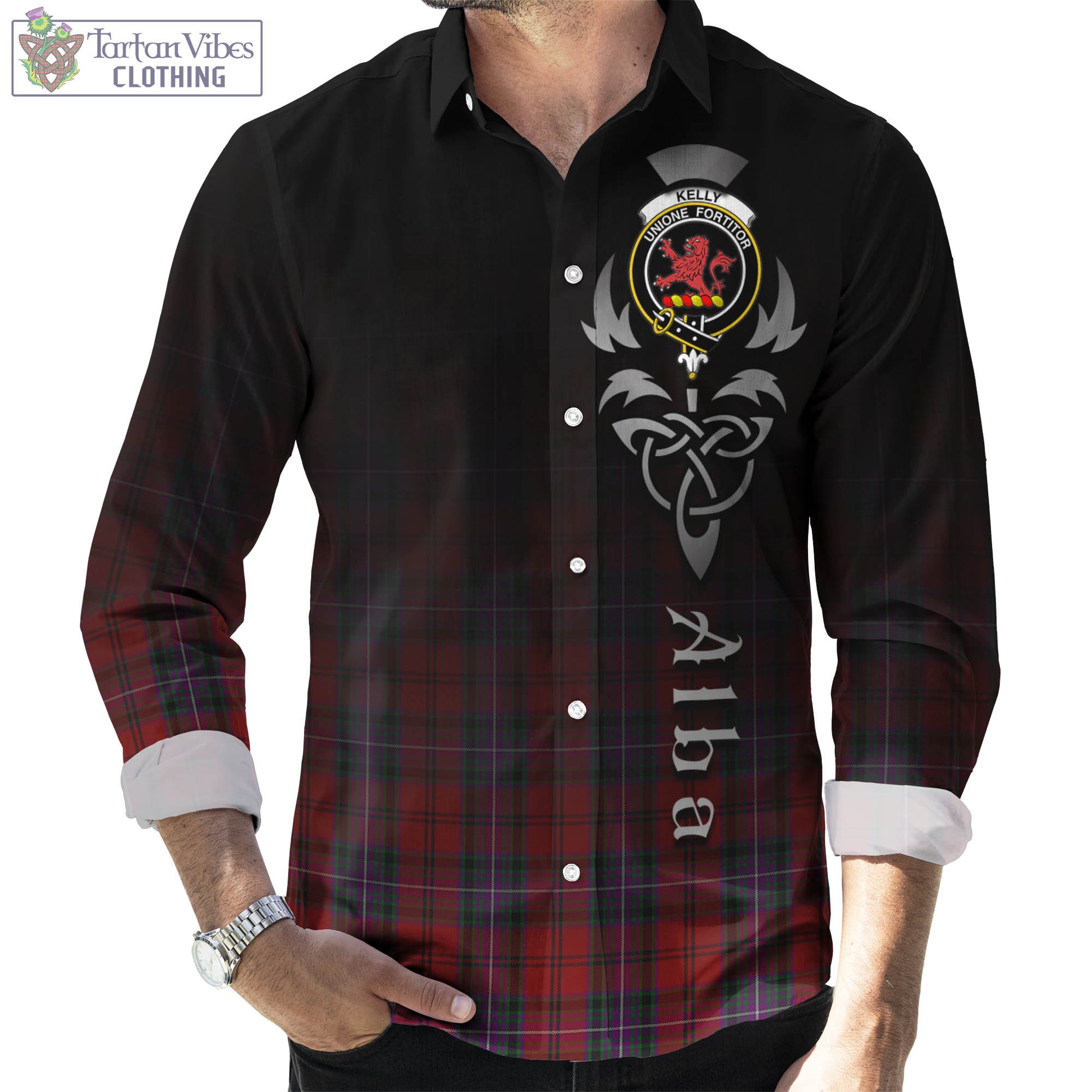 Tartan Vibes Clothing Kelly of Sleat Red Tartan Long Sleeve Button Up Featuring Alba Gu Brath Family Crest Celtic Inspired