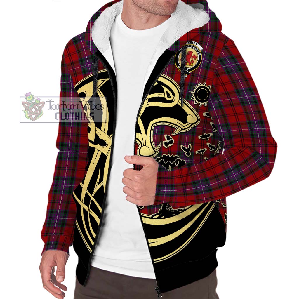 Tartan Vibes Clothing Kelly of Sleat Red Tartan Sherpa Hoodie with Family Crest Celtic Wolf Style