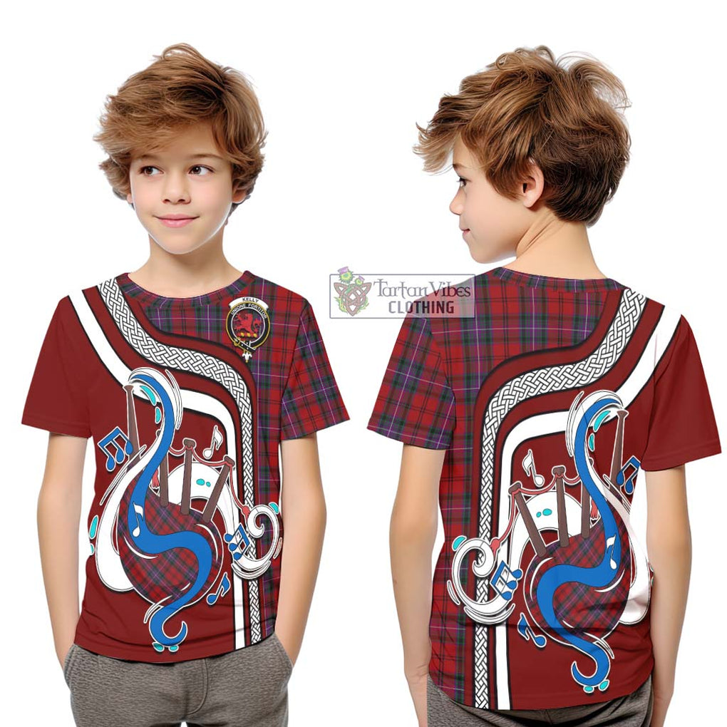 Tartan Vibes Clothing Kelly of Sleat Red Tartan Kid T-Shirt with Epic Bagpipe Style